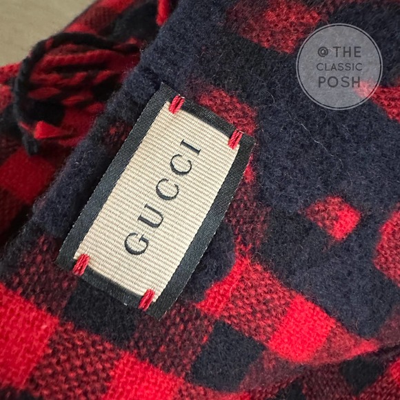 NEW GUCCI Plaid Tartan Wool Scarf Stole Red Dark Blue Retails $590 - Picture 9 of 9
